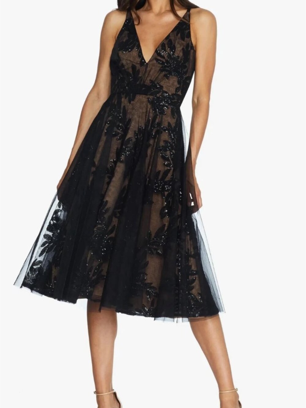 Dress The Population Black Nude Courtney Sequin Lace Cocktail Dress